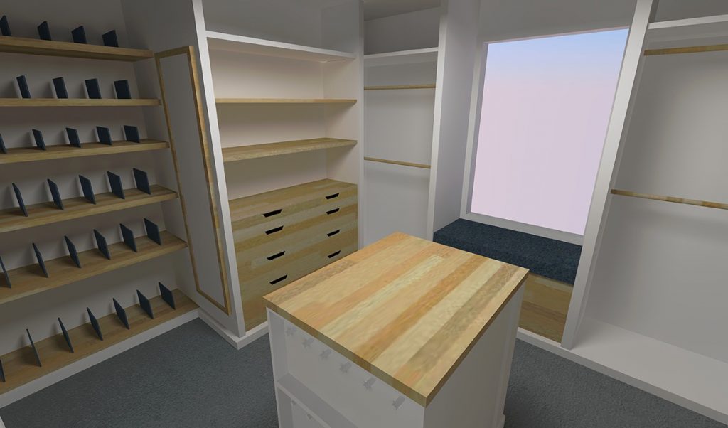 Wooden shelves and desk in a room.