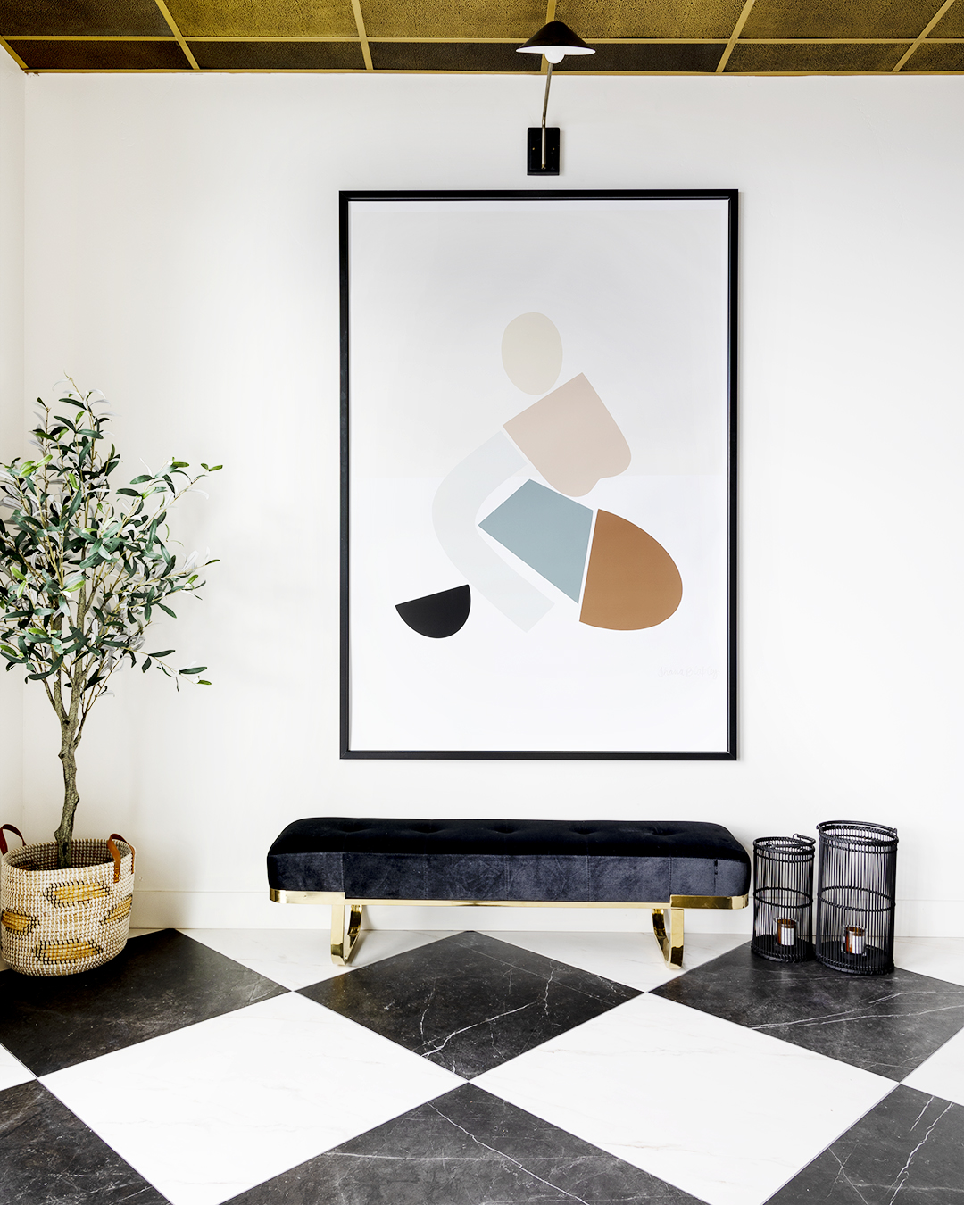 Monochrome checkered floor with abstract painting.